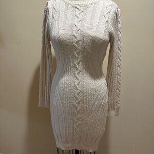 Vanhana Gem Chic Cream Cable Knit Long Sleeve Dress